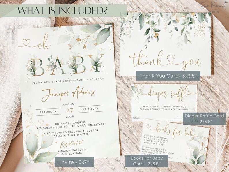 May include: A set of printable baby shower cards with a green and gold watercolor design. The cards include an invitation, thank you card, diaper raffle card, and a books for baby card. The text on the cards reads "Oh Baby", "Thank You", "Diaper Raffle", and "Books for Baby".