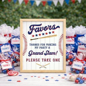 Cartello per bomboniere per il primo compleanno del principiante dell'anno, cartello per bomboniere da tavolo per il compleanno a tema baseball, cartello stampabile per bomboniere, cartello "Per favore prendine uno" Canva
