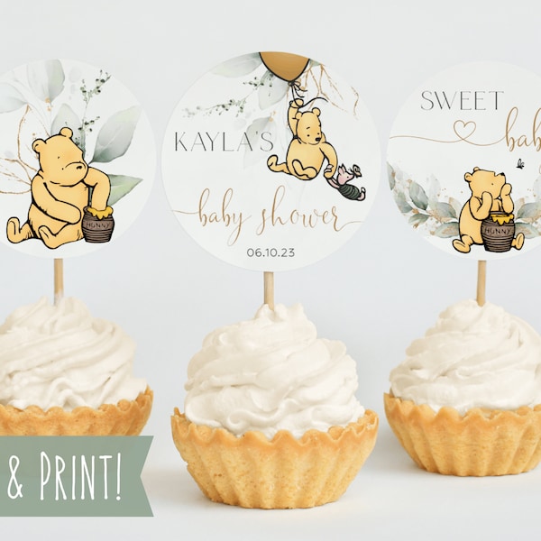 Winnie The Pooh Baby Shower Cupcake Toppers Template, Printable Circle Baby Shower Dessert Toppers, Printable Neutral Baby Shower Decoration