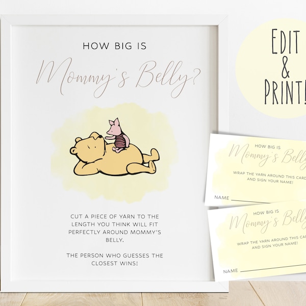 Classic Winnie The Pooh Baby Shower How Big Is Mommy's Belly? Guessing Game Template | Printable Measure The Bump Baby Shower Games Sign