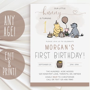 Winnie The Pooh 1st Birthday Invitation Template, Winnie The Pooh First Birthday Invite Instant Download, Pooh Bear Birthday Invitation