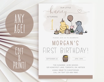 Winnie Pooh 1. Geburtstag Einladung Vorlage, Winnie Pooh ersten Geburtstag einladen Sofort Download, Pooh Bär Geburtstagseinladung