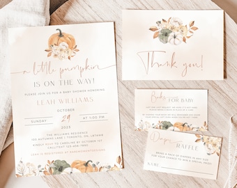 May include: A baby shower invitation with a watercolor illustration of pumpkins and flowers. The invitation reads "a little pumpkin is on the way!" and includes the name Leah Williams, the date and time of the shower, and the address. There are also two cards for guests to sign, one for books and one for a diaper raffle.