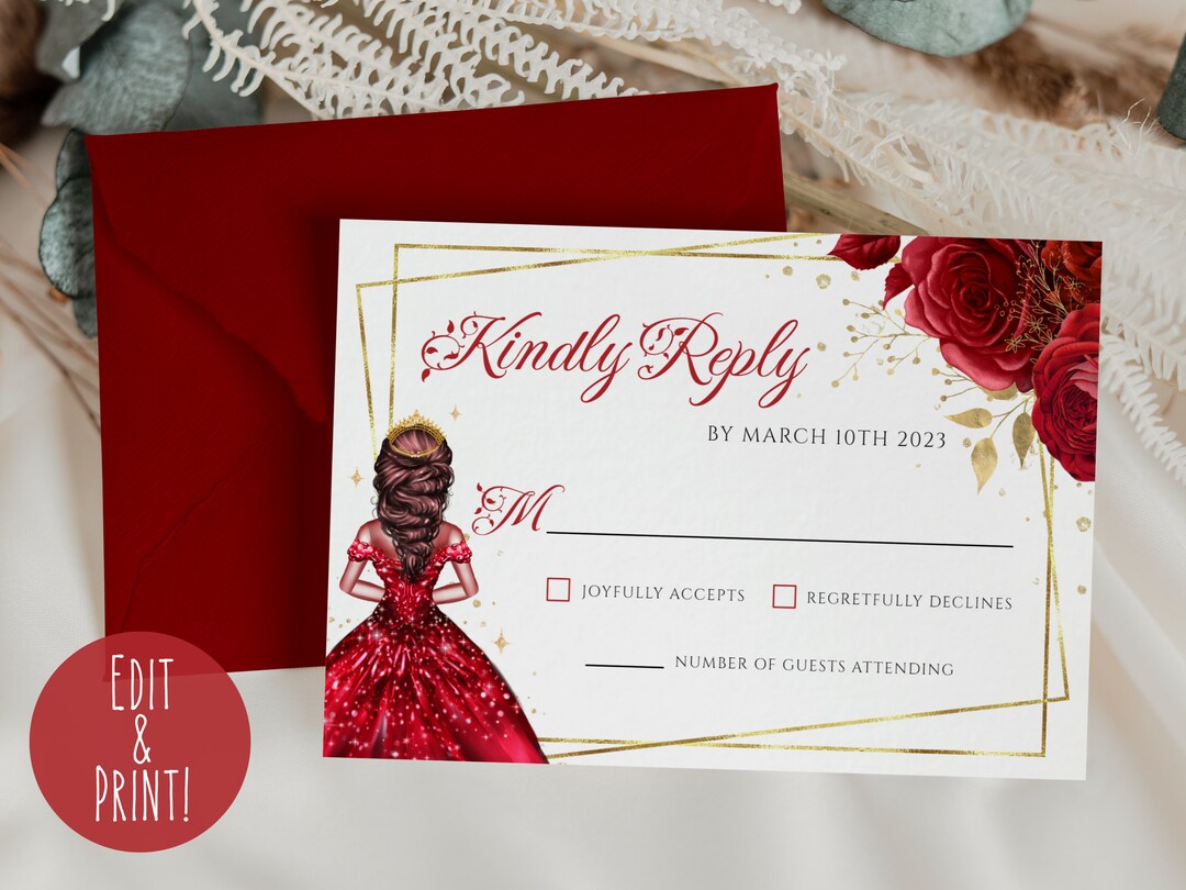 Quinceanera RSVP Card Template, Editable Red Quinceanera Card, Elegant ...