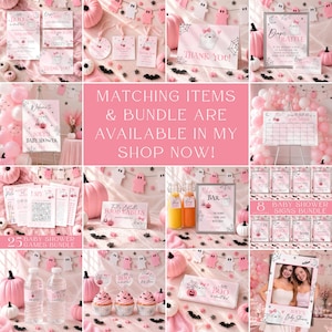May include: A collection of pink and white baby shower party supplies featuring ghost illustrations, spider webs, and pumpkin motifs. The set includes printed invitations, game cards, signage, food labels, bottle wrappers, and a photo frame prop.