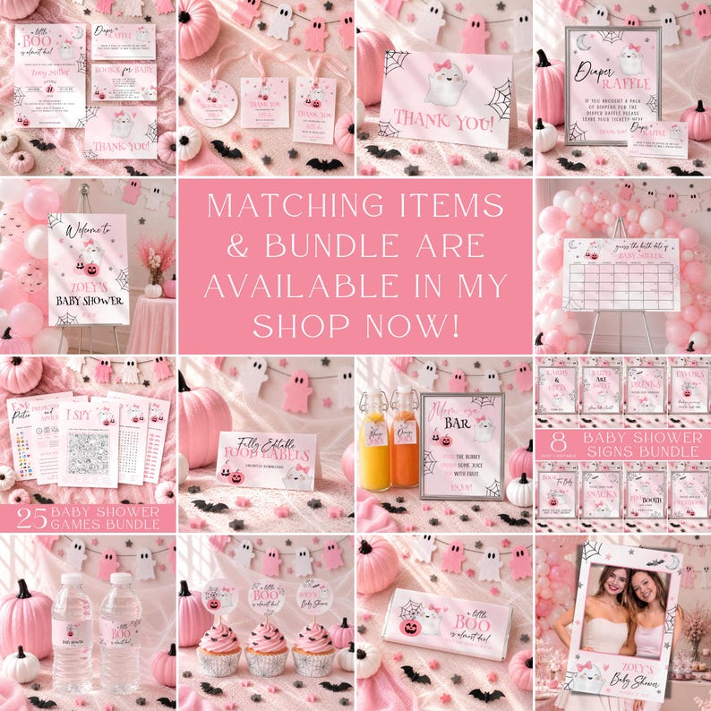May include: A collection of pink and white baby shower party supplies featuring ghost illustrations, spider webs, and pumpkin motifs. The set includes printed invitations, game cards, signage, food labels, bottle wrappers, and a photo frame prop.