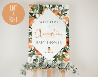 Mall för välkomstskylt med liten sötnos för babyshower, välkomsttavla med orange frukt för babyshower, utskrivbar stor välkomstskylt med sötnos för babyshower gör-det-själv