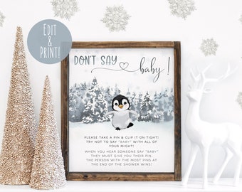 Winter Penguin Baby Shower Don't Say Baby Sign Template, Winter Dont Say Baby Game Sign, Snow Baby Shower Activity, Clothespin Game Download