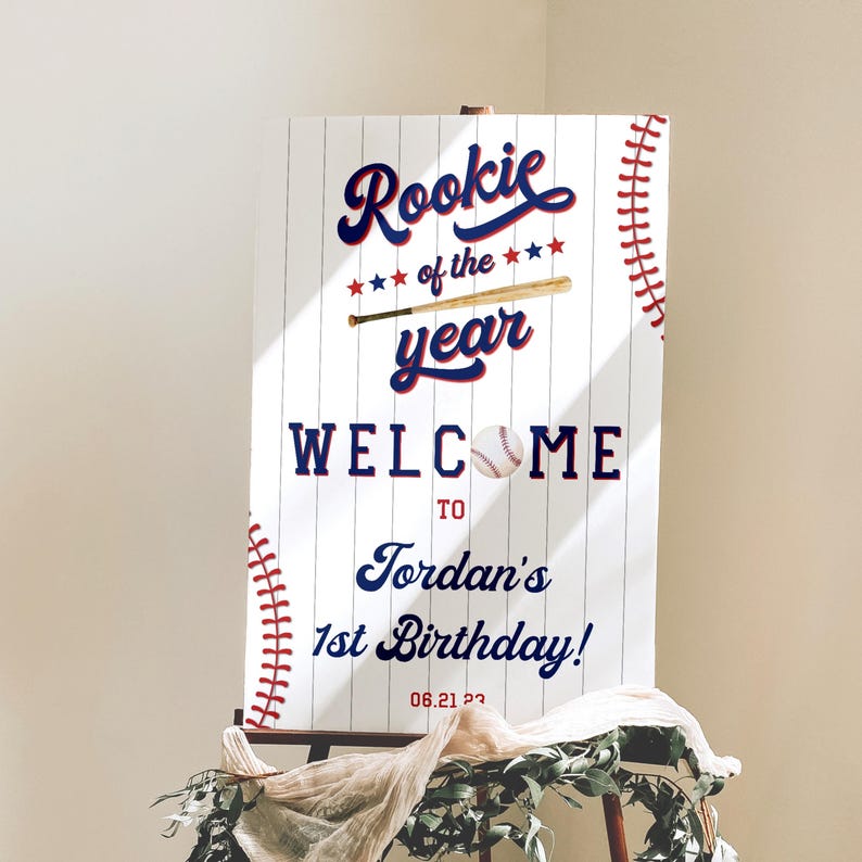 Rookie of the Year First Birthday Welcome Sign, Baseball 1st Birthday ...