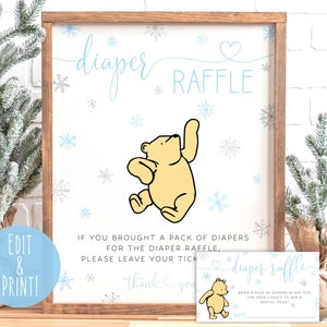 Classic Winnie The Pooh Diaper Raffle Sign, Winnie The Pooh Boy Baby Shower Diaper Raffle Ticket, Printable Winter Diaper Raffle Card & Sign