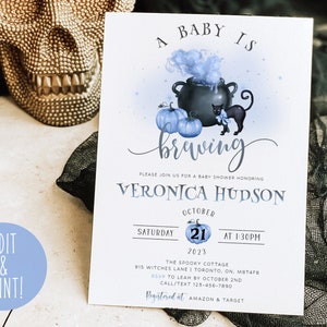 A Baby Is Brewing Boy Baby Shower Invitation, Halloween Baby Shower Invite Template, Blue Witch Cauldron, Spooky Baby Shower Evite, Download