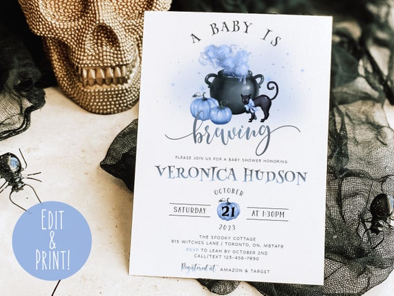 A Baby Is Brewing Boy Baby Shower Invitation, Halloween Baby Shower Invite Template, Blue Witch Cauldron, Spooky Baby Shower Evite, Download