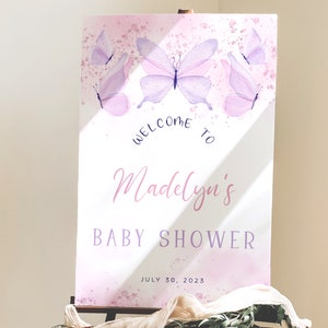 Butterfly Baby Shower Welcome Sign Template, A Little Butterfly Is On The Way Sign, Purple Butterfly Welcome Poster, Butterfly Party Decor