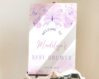 Butterfly Baby Shower Welcome Sign Template, A Little Butterfly Is On The Way Sign, Purple Butterfly Welcome Poster, Butterfly Party Decor