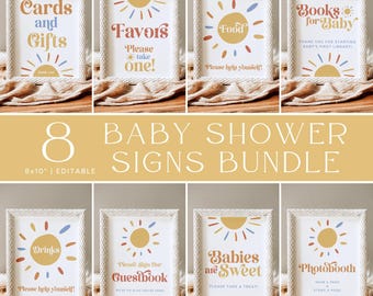 Here Comes the Son Baby Shower Signs Bundle, Sun Baby Shower Sign, Editable Sunshine Table Sign, Printable Boho Sun Baby Shower Poster Decor