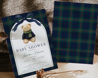 Teddy Bear Baby Shower Invitation, Polo Teddy Bear Shower Invite, Lauren Baby Shower Editable Invitation, Vintage Tartan Plaid Invitation