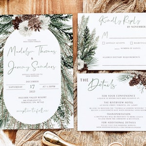 Winter Wedding Invitation Suite, Christmas Wedding Invitation Template, Editable Rustic Winter Wedding Invite Set, RSVP and Details Card image 1