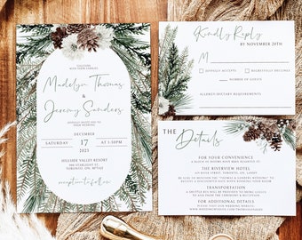Winter Wedding Invitation Suite, Christmas Wedding Invitation Template, Editable Rustic Winter Wedding Invite Set, RSVP and Details Card