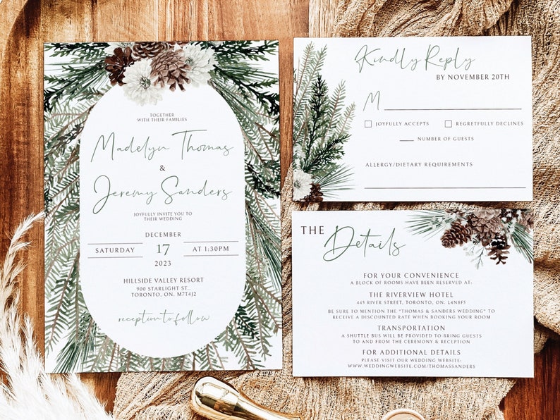 Winter Wedding Invitation Suite, Christmas Wedding Invitation Template, Editable Rustic Winter Wedding Invite Set, RSVP and Details Card image 1
