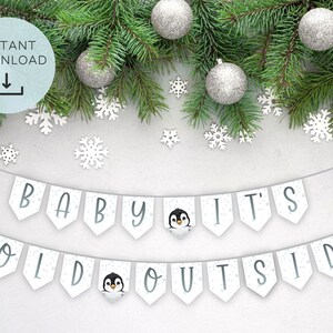May include: White and blue baby shower banner with the text "Baby It's Cold Outside" and penguin illustrations. The banner is decorated with silver snowflakes.