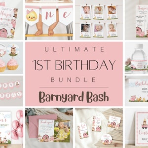 Pink Farm 1st Birthday Bundle, Floral Farm Animal Invitation Template, Girl Farm Birthday Party, Printable Girls Barnyard Birthday Party Set