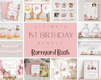 Pink Farm 1st Birthday Bundle, Floral Farm Animal Invitation Template, Girl Farm Birthday Party, Printable Girls Barnyard Birthday Party Set