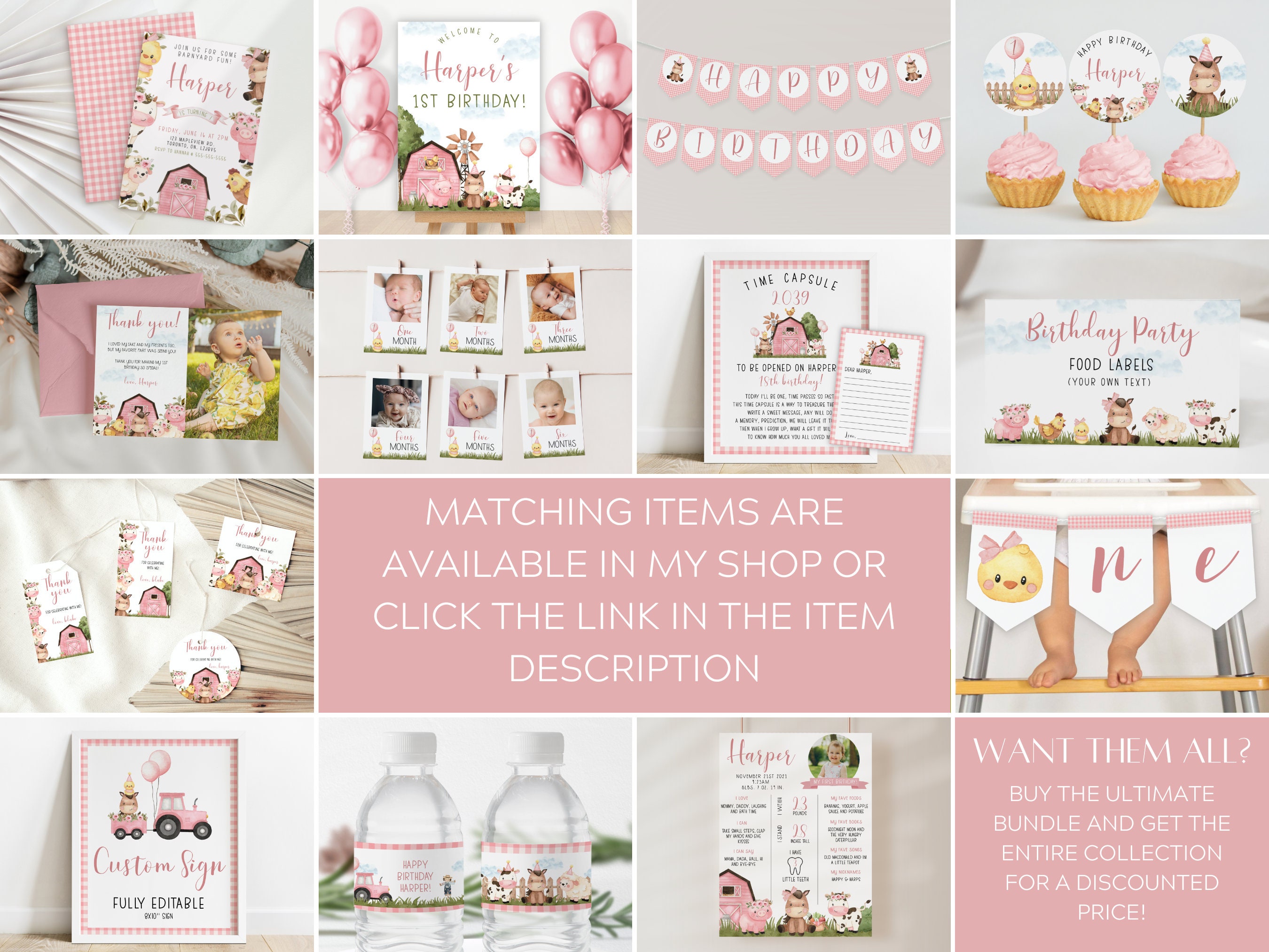 Modello di banner fotografico per il primo anno della fattoria rosa, foto del primo anno del bambino a tema fattoria rosa, banner stampabile per le foto mensili del primo compleanno del cortile