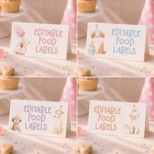 May include: Four white cardstock food labels with illustrations of dogs wearing party hats. Each label has the words "EDITABLE FOOD LABELS" in different pastel colors. The labels are decorated with cupcakes, party hats, and confetti.