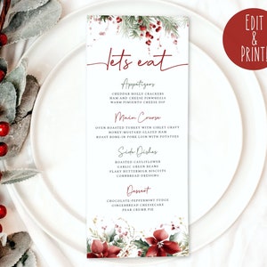Szablon menu świątecznego, menu na przyjęcie świąteczne, edytowalne menu świąteczne, menu do wydruku, karta menu z poinsecją, menu na przyjęcie zimowe