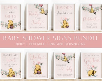 Puede incluir: Paquete de letreros imprimibles para baby shower de Winnie the Pooh en rosa y verde con detalles florales. Los letreros incluyen: Tarjetas y regalos, Rambly in Your Tumbly, Favores Por favor tome uno, Photobooth, Los bebés son dulces, Bebidas, Libros para el bebé, y Por favor firme nuestro libro de visitas.