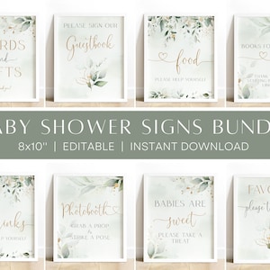 Bewerkbare groen babyshowerborden, eucalyptus babyshowerborden, afdrukbare tafelborden, groen en goud decor babyshower, 8 x 10 bordbundel
