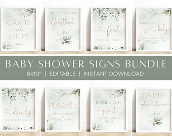 Editable Greenery Baby Shower Signs, Eucalyptus Baby Shower Signage, Printable Table Signs, Green & Gold Baby Shower Decor, 8x10 Sign Bundle