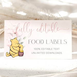 Modèle d'étiquettes de nourriture pour baby shower Winnie l'ourson, étiquette imprimable à dessert, carte buffet ourson ourson rose blush, cartes de nourriture téléchargement numérique bricolage