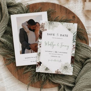 Winter Wedding Save The Date Template, Christmas Save The Date Floral Wedding Announcement, Editable Rustic Pine Save Our Date Card Download