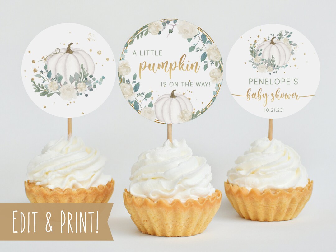 Pumpkin Baby Shower Cupcake Toppers Fall Baby Shower Dessert Etsy