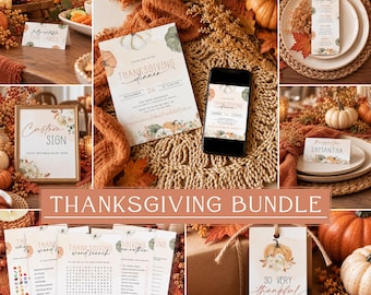 Puede incluir: Un conjunto de papelería para Acción de Gracias que incluye invitaciones, menús, etiquetas de comida, tarjetas de sitio, carteles, juegos y etiquetas de regalo, decorados con ilustraciones de calabazas en acuarela y texto marrón.