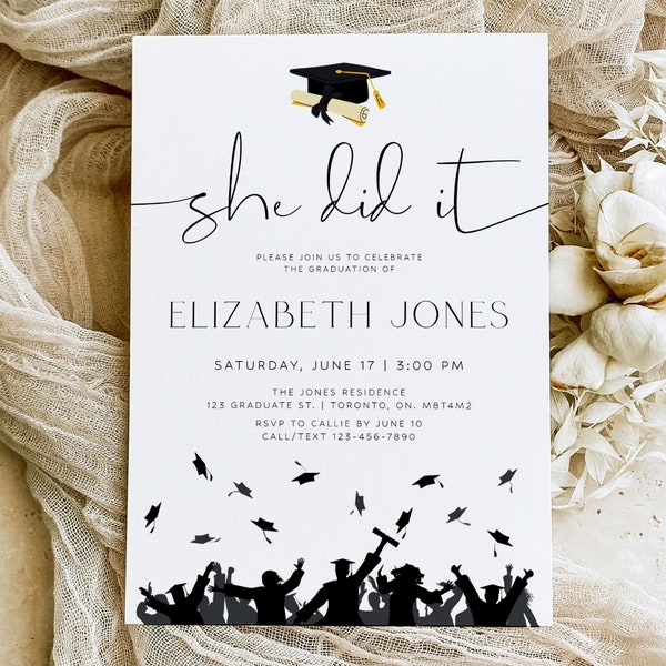 She Did It Graduation Invitation, Graduation Invitation Template, 2024 Graduation Party Invitation Template, Minimalist Graduation Invite