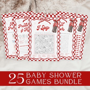 以下が含まれることがあります： 25個のベビーシャワーゲームのバンドル。ゲームは、上部に赤いリボンが付いた赤と白のチェック柄のボーダーが付いています。ゲームには、「I Spy」ゲーム、単語検索、予測カードが含まれます。「Baby Shower Games Bundle」というテキストが下にあります。