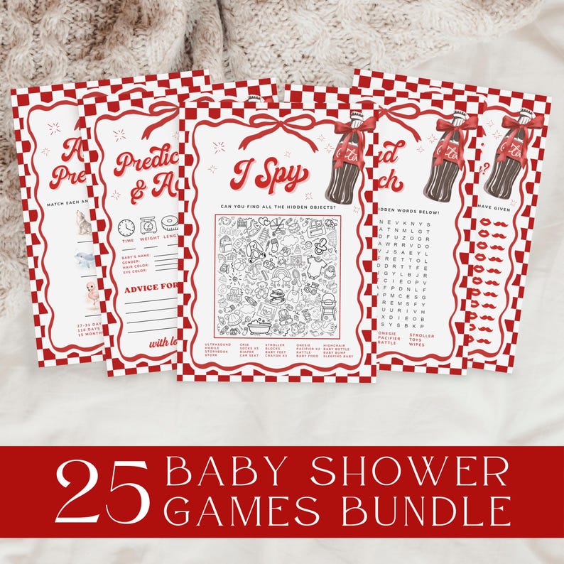 Peut inclure: Un ensemble de 25 jeux de baby shower. Les jeux ont une bordure &agrave; carreaux rouges et blancs avec un n&oelig;ud rouge en haut. Les jeux incluent un jeu "I Spy", une recherche de mots et des cartes de pr&eacute;diction. Le texte "Baby Shower Games Bundle" est en bas.