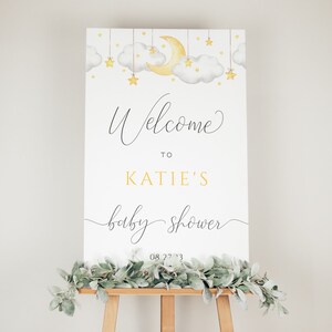 Moon and Stars Baby Shower Welcome Sign Template, Twinkle Twinkle Little Star Shower Welcome Board, Neutral Clouds Baby Shower Signage image 4