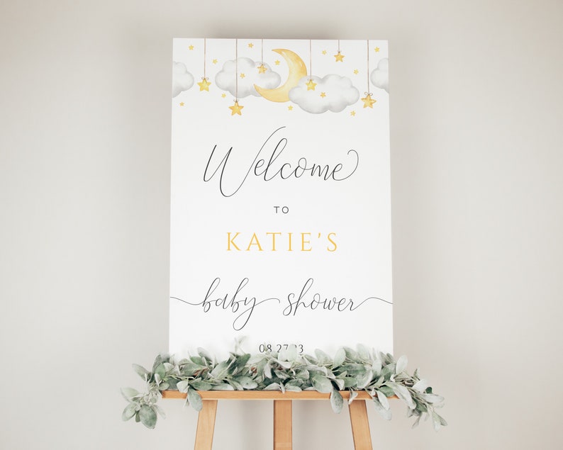 Moon and Stars Baby Shower Welcome Sign Template, Twinkle Twinkle Little Star Shower Welcome Board, Neutral Clouds Baby Shower Signage image 4