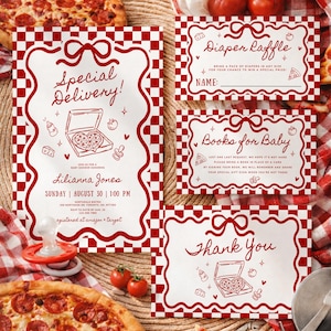 Könnte beinhalten: Babyparty-Einladungen und Karten mit Pizza-Motiv. Die Haupteinladung ist weiß mit einem rot karierten Rand und dem Text "Special Delivery!" und "Lilianna Jones". Weitere Karten sind "Diaper Raffle", "Books for Baby" und "Thank You".