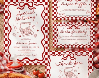 Special Delivery Baby Shower Invitation Bundle, Editable Hand Drawn Italian Pizza Digital Invite, Slice Slice Baby Theme, Canva Template