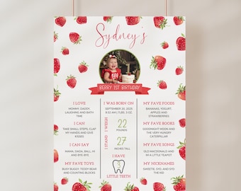 Modello di cartello per il primo compleanno a tema fragole, cartello per il primo compleanno con fragole, lavagna per le tappe fondamentali con fragole modificabile, decorazioni per il compleanno di una bambina, Canva