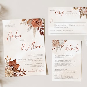 Modèle de faire-part de mariage automne en terre cuite, suite de faire-part de mariage automne, ensemble d'invitation de mariage orange brûlé bohème, RSVP et carte de détails