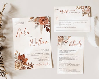 Terracotta Fall Wedding Invitation Template, Autumn Wedding Invitation Suite, Boho Burnt Orange Wedding Invite Set, RSVP and Details Card