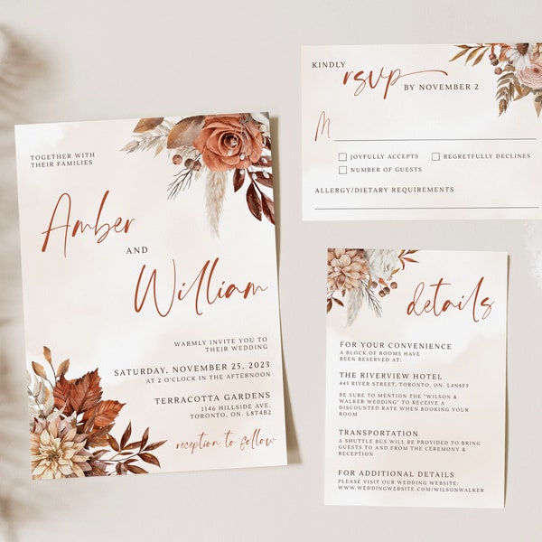 Terracotta Fall Wedding Invitation Template, Autumn Wedding Invitation Suite, Boho Burnt Orange Wedding Invite Set, RSVP and Details Card