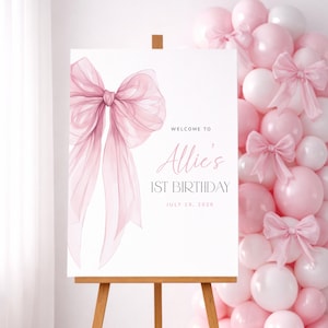 Pink Bow Welcome Sign, Girl 1st Birthday Welcome Sign Template, Pink Coquette Bow First Birthday Welcome Poster, Printable 1st Birthday Sign