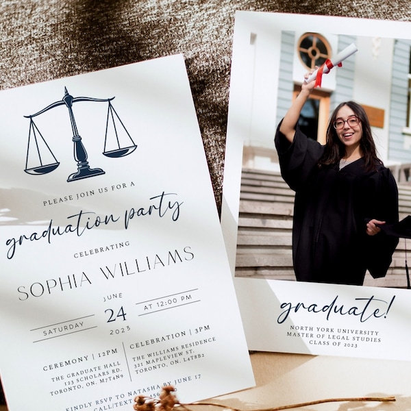 Law Graduation Party Invitation Template, Editable Graduation 2024 Invitation, Law School Graduate Announcement, Graduation Photo Invites