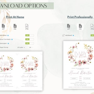 Peut inclure: Invitation de f&ecirc;te pr&eacute;natale imprimable avec un design de couronne florale. L'invitation indique "Baby in Bloom" et comprend le nom "Hannah Robertson" et la date "Dimanche 30 juillet &agrave; 11h00".